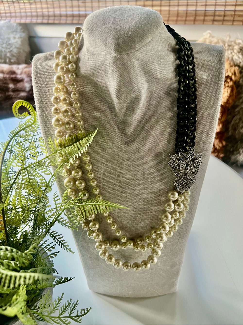 Stella & Dot Ivory Pearl Multi-Strand Necklace with Black Chain Accent